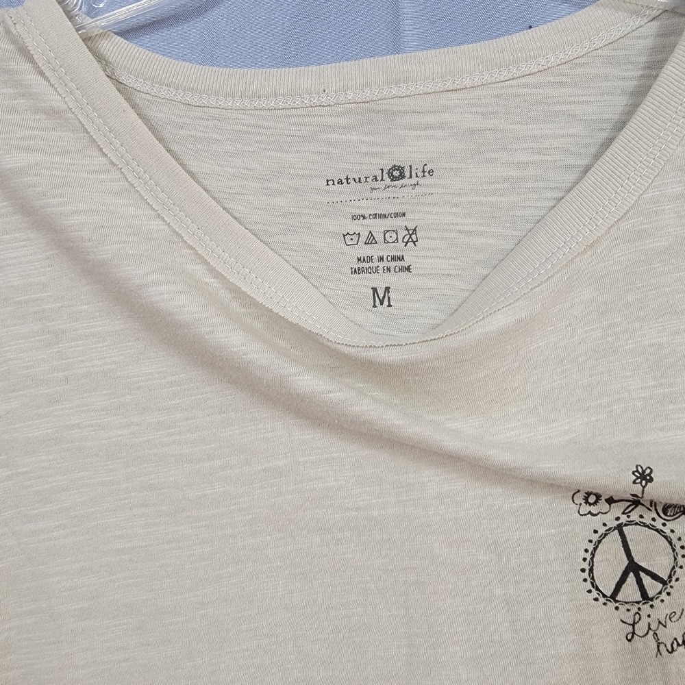 Natural Life Graphic Tee Womens Medium Tan Live Happy Long Sleeve Slub Cotton - Picture 6 of 6